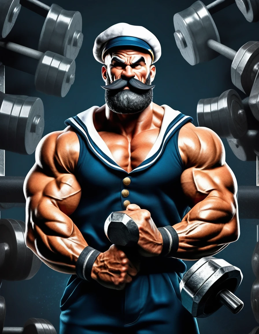 Sailor Popeye faithful to the work, lifting a big dumbbell as a bodybuilding athlete, highlighting your chin and forearm, your muscles well defined, Symmetrical, not exaggerated, harmonic, classic sailor look with pipe, black beard. with a powerful expression, Determined, force. The background of the image with elements of the work such as spinach, pipe and a gym, like weights, dumbbells, training equipment. With an intense atmosphere. Essence "badass" clenched fists, left eye is white . highy detailed, film, bokeh, proffesional, highy detailed