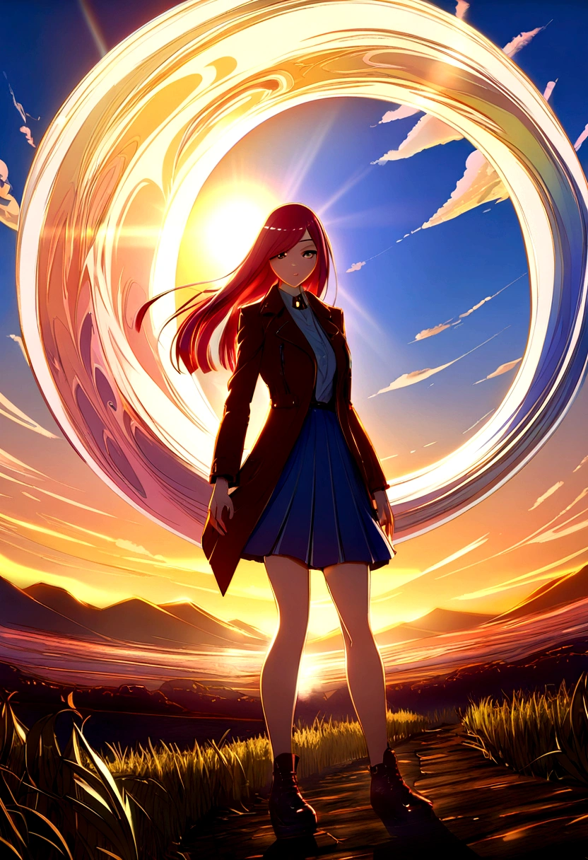 (nvinkpunk:1.2) (snthwve style:0.8) a woman inspired by Karen Gillan, antrum, lightwave, sun sunset, blue skies, intrikate, highy detailed