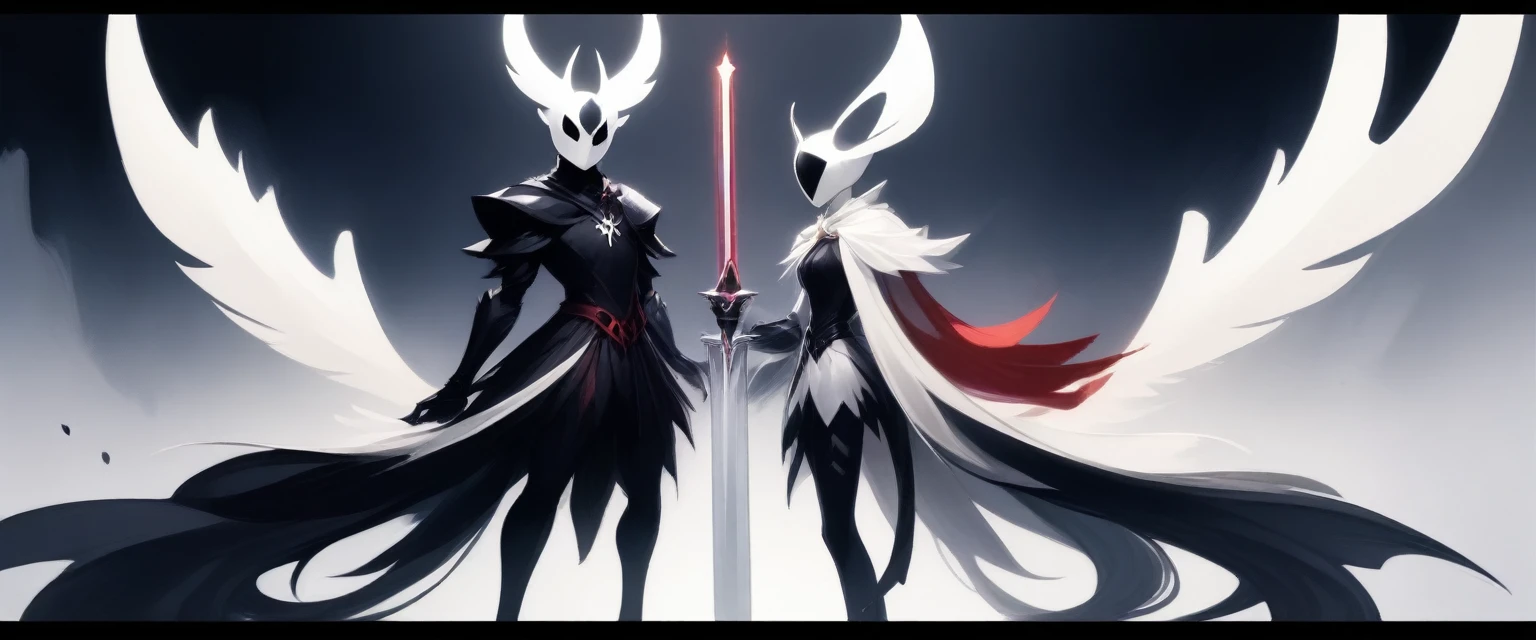 Cartoon illustration of a white red and black character with a sword, portrait of hollow knight, hollow knight style, the knight from hollow knight, hollow knight, hollow knight concept art, hornet from hollow knight, in style of cytus and deemo, hollow knight screenshot, official art, hd artwork, undertale, hypervivid intense mcbess, celshaded art, rendered art