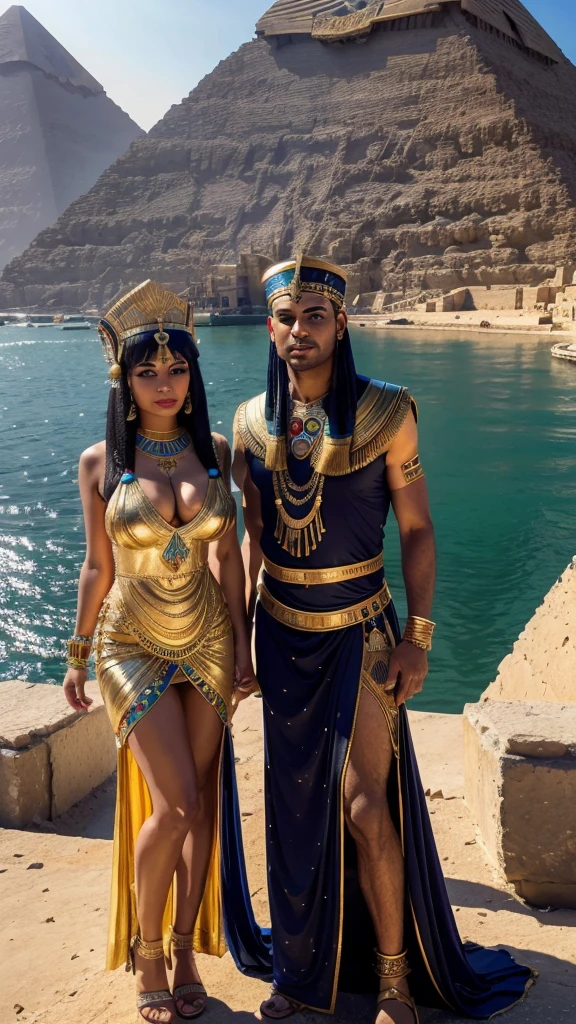 ultra realistic, Egyptian pyramid and river background , Cleopatra milf, 38 years, ( long decorated (Cleopatra dress)), with two men 8K, чёткие черты лица
