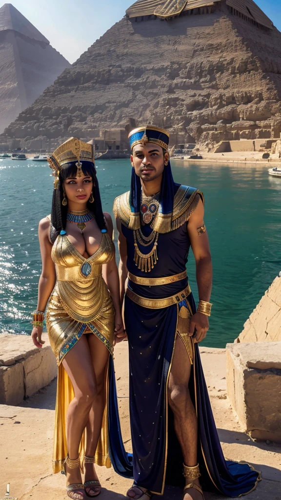 ultra realistic, Egyptian pyramid and river background , Cleopatra milf, 38 years, ( long decorated (Cleopatra dress)), with two men 8K, чёткие черты лица