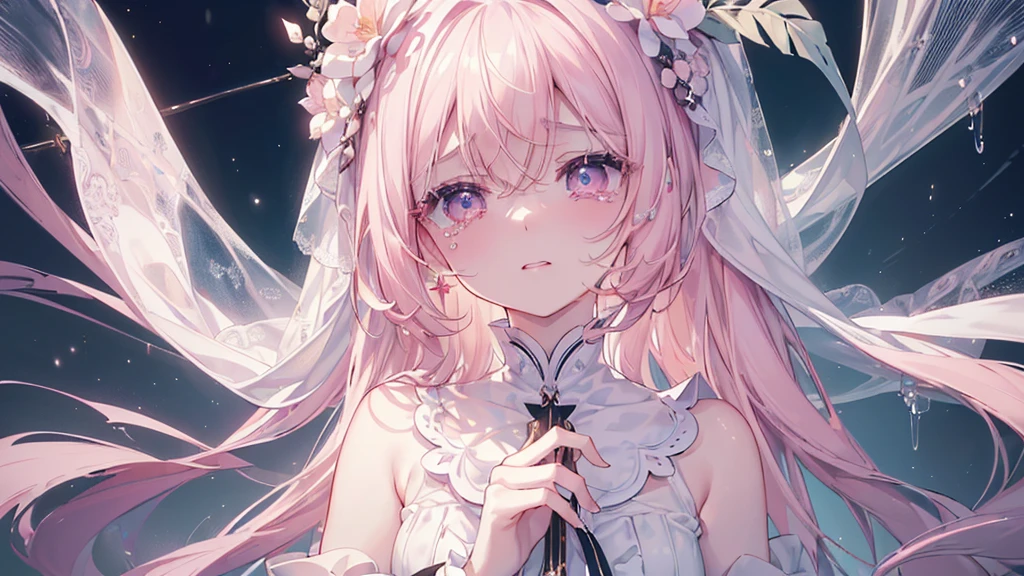 (darkness), ((Beautiful eyes)), (((tears))), (((Highest quality、masterpiece、Ultra-fine、Ultra-fine、Exquisite、16K、Full HD,))) 、Long eyelashes、White skin、(thin and long)、 ((cute)) ((One person)),Zoom out,(A magnificent composition、epic proportion)、(Pale pink lips、Pale pink cheeks、thin and long)、