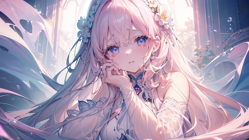 (darkness), ((Beautiful eyes)), (((tears))), (((Highest quality、masterpiece、Ultra-fine、Ultra-fine、Exquisite、16K、Full HD,))) 、Long eyelashes、White skin、(thin and long)、 ((cute)) ((One person)),Zoom out,(A magnificent composition、epic proportion)、(Pale pink lips、Pale pink cheeks、thin and long)、