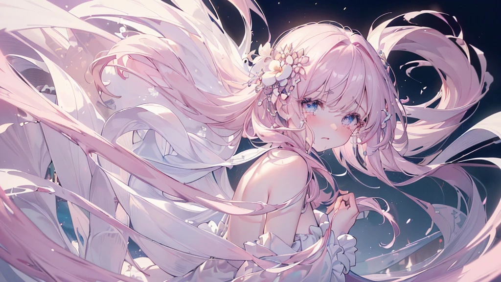(darkness), ((Beautiful eyes)), (((tears))), (((Highest quality、masterpiece、Ultra-fine、Ultra-fine、Exquisite、16K、Full HD,))) 、Long eyelashes、White skin、(thin and long)、 ((cute)) ((One person)),Zoom out,(A magnificent composition、epic proportion)、(Pale pink lips、Pale pink cheeks、thin and long)、