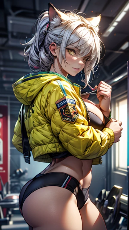 work of art,best qualityer,high resolution,30 year old woman,hair blue,tied up hair,beautiful  face,yellow  eyes,glare eyes,Cat's ears,perfectbody,ATHLETIC BODY,milf,body builder pose, breasts small, thick-thighs,big-ass,round buttocks,body builder,Jacket over,good, perneiras,standing,expression of pleasure, inside the room