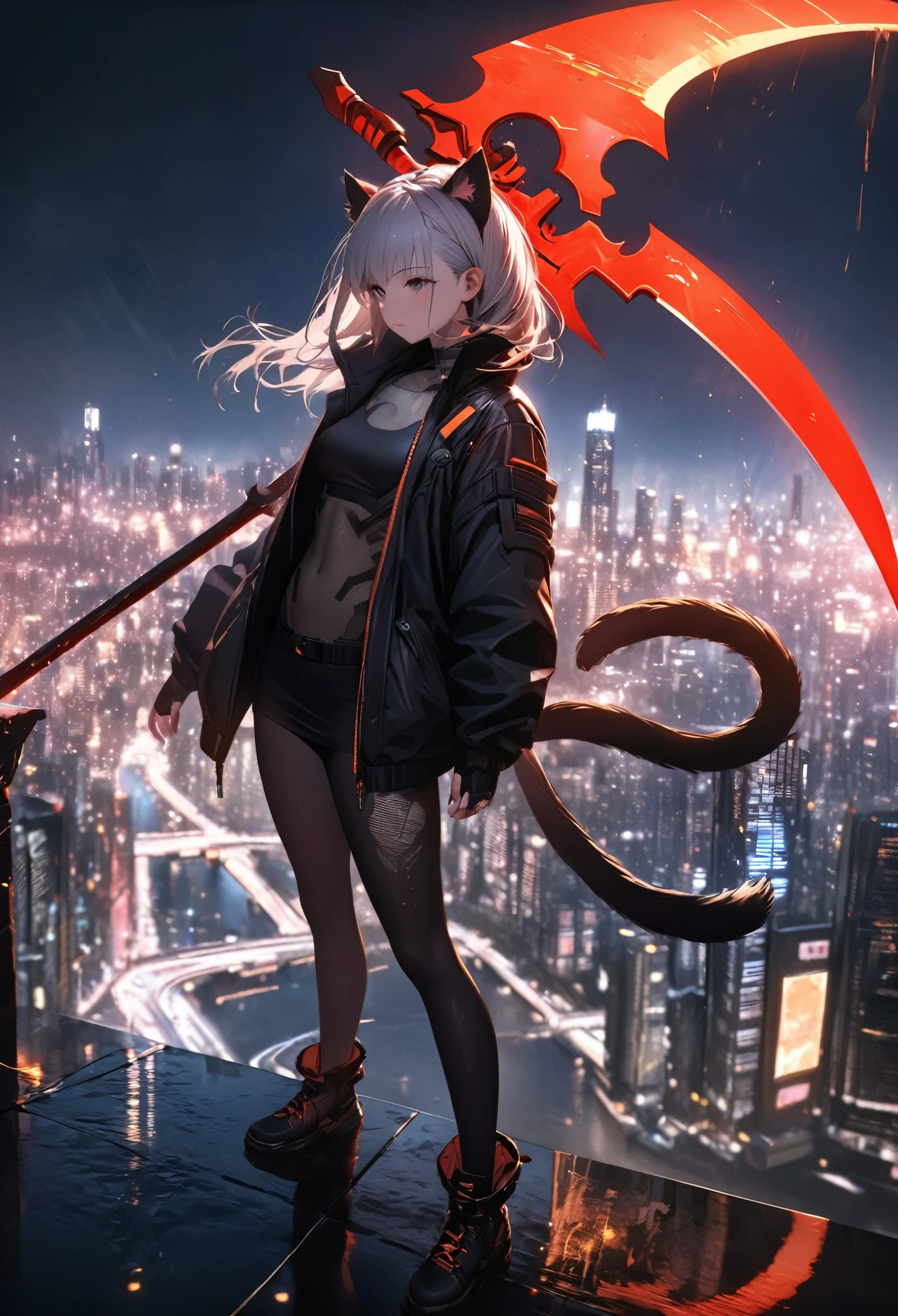 Detailed silhouette of a cyberpunk girl with cat ears and a tail, Flowing, Tattered coat, He wields a giant glowing red scythe with a mechanical tiger design on it., Stand on the glossy, Minimalist reflective surface, The background is a photorealistic cityscape, A big city with many skyscrapers, night, Background Blur