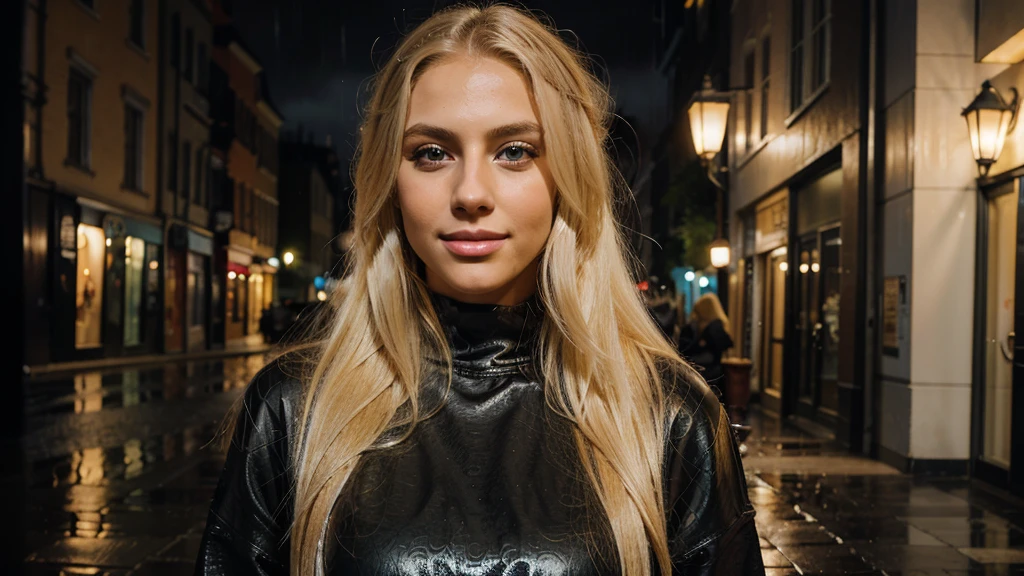 Kiara Hunter Blonde woman, posing, stand body, dressed with black outfit design, rainy, with Skyblue eyes and long hair, sexy smile, Beautiful blonde woman, Beautiful blonde girl, a beautiful blonde, blonde beautiful young woman, Portrait of Nicole Aniston , cute female model, blonde woman, blonde and attractive features, Sexy girl with long blonde hair, Beautiful blonde hair, blonde goddess, beautiful woman, Young blonde woman, Swedish blonde woman, night rainy.