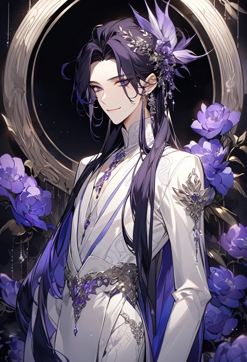 Feminine boy, soft womanish facial features, smile, squinted siren dark blue eyes without glare, silver and dark purple long loose hair with straight bang, fantasy black fit clothes with blue and purple elements, long black gloves, model, gorgeous, elegant, lots of silver jewelry, flowers in his hair, skinny body