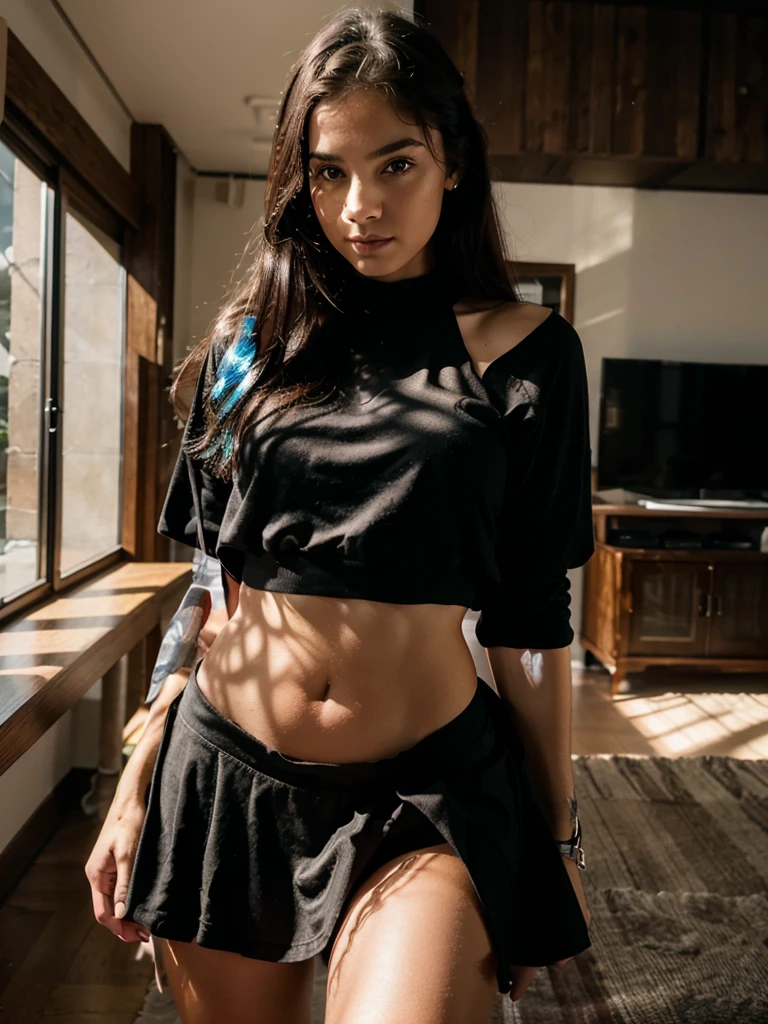 A 20 YEAR OLD WOMAN IN A BLACK SKIRT AND WHITE TOP POSING SENSUALLY IN THE LIVING ROOM OF HER HOUSE,WITH NSFW BACKGROUND LIGHTS SHOWING her breasts, ultra realistic, 4k, ultra realistic