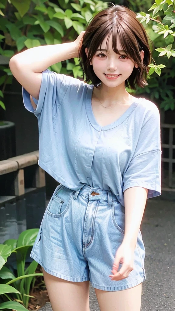 Shirt lift、((Japanese 、Downtown Kyoto、walk、Upper Body、Light blue shirt、mini skirt、Knee-high socks、loafers、Black Backpack、Photograph the whole body))、(Realistic、Photorealistic、Ultra-detailed、Highest Detail Skin、highest quality、masterpiece、超A high resolution)、Cute Japanese Woman、17 years old、One Girl、Has bangs、(slim),(Small breasts),(Nipples) ,Subjective heart-grabbing, POV hands, Grab your chest, smile,((I can see your chest)),