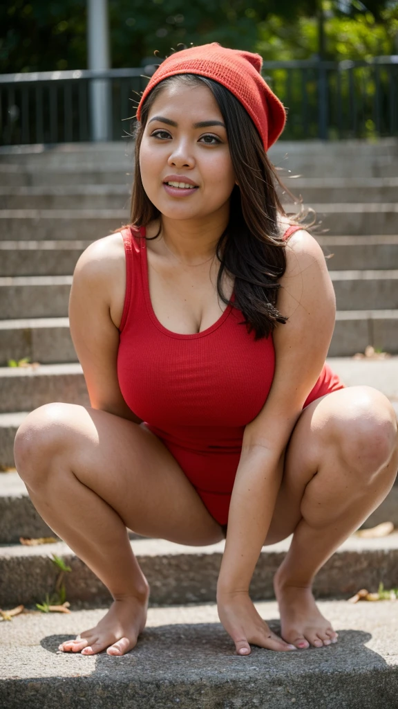 RAW, hyperrealistic, hyper-detailed, masterpiece, Ultra-realistic, ultra-detailed, (Best quality, high resolution, work: 1.3), Beautiful Malay woman in red hijab, plump body, Big breasts, Beautiful big eyes, moaning deliciousness, beautiful face, super excited face, screaming, laughing, thick thighs, beautiful big eyes, sweating, beautiful girl, detailed face, thick woman kneeling on stairs, at super dark park, dark park background, seducting pose, wearing tight tank top, highest quality, 8k