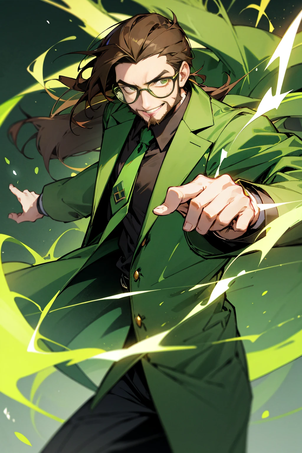 Hyper Animation Age 21 young man in green overcoat green shirt and tie wearing glasses short long brown hair beard green glowing eyes time traveller evil smile green portal powerful 