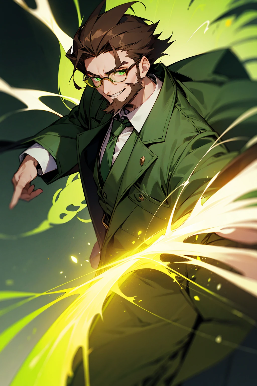Hyper Animation Age 21 young man in green overcoat green shirt and tie wearing glasses short long brown hair beard green glowing eyes time traveller evil smile green portal powerful