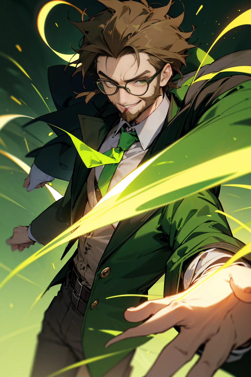 Hyper Animation Age 21 young man in green overcoat green shirt and tie wearing glasses short long brown hair beard green glowing eyes time traveller evil smile green portal powerful