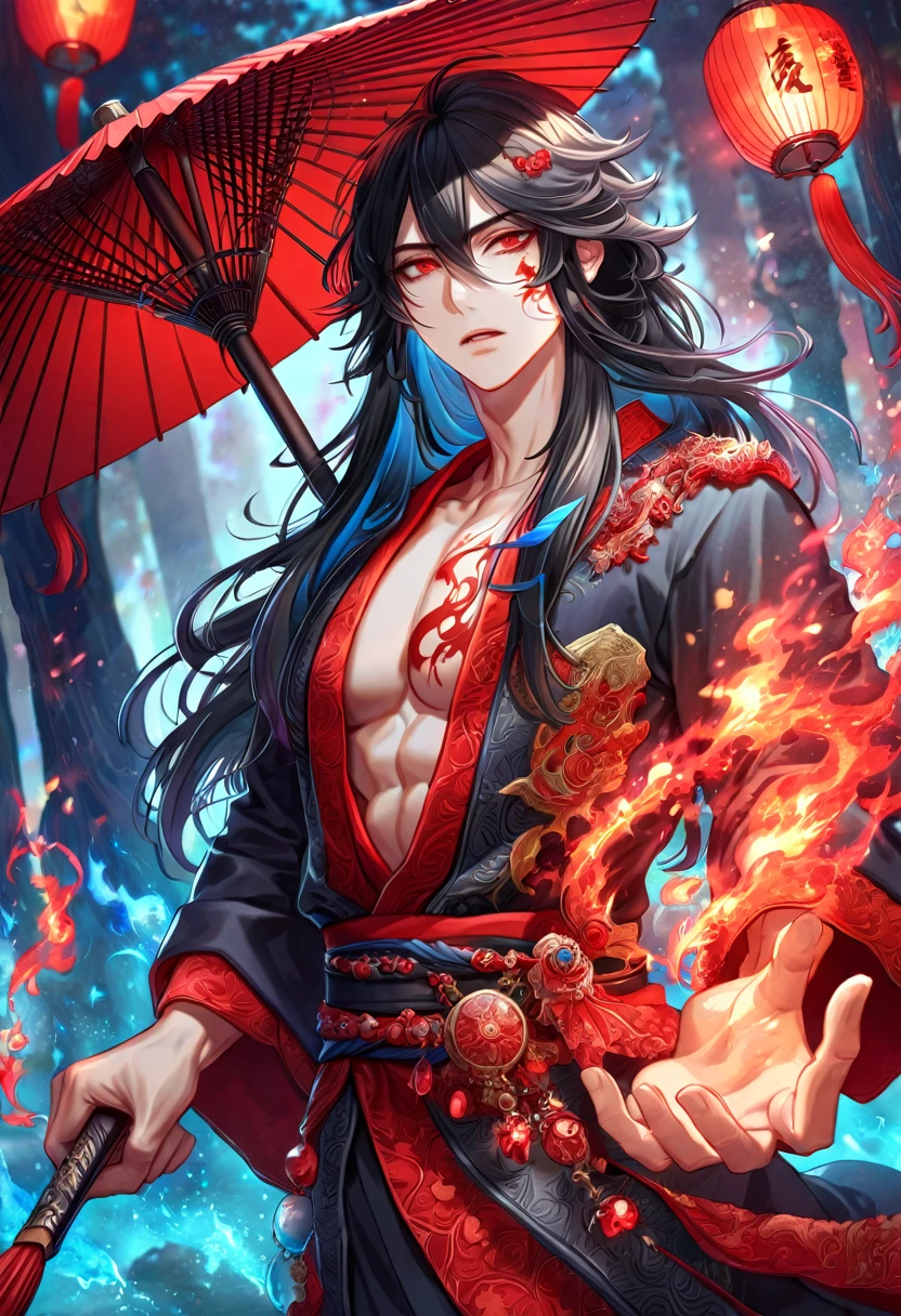absurdres, highres, ultra detailed, HDR, master piece, best quality, extremely detailed face, delicated features, Xue Yu, untamed spiky hair, black hair, long hair, hair between the eyes, expressive red eyes, Thousand Years War, solo, sexy man, holding a sword in his right hand, handsome, demon, horns, toned chest, black haori, red fantasy robes, accessories, spider lilies patterns, red moon, red blood water, fantasy, magic, envy magical, red trees, forest, red dust, red lanterns, red fire, red floating round lights, Jujutsu Kaisen