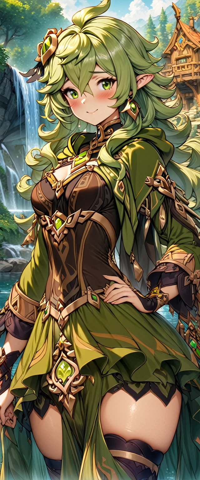 (masterpiece), (highest quality), (illustration), (super detailed), (high resolution), absurdity, 1girl,collei,genshin impact,pointy ears,forest village,forest trees,lake,waterfall,blush,smile,cowboy shot,(princess gown:1.4),elf princess,shy,curvy,wavy hair
