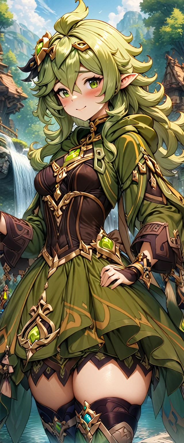 (masterpiece), (highest quality), (illustration), (super detailed), (high resolution), absurdity, 1girl,collei,genshin impact,pointy ears,forest palace,forest trees,lake,waterfall,blush,smile,cowboy shot,(princess gown:1.4),elf princess,shy,curvy,wavy hair,big breasts,looking at viewer