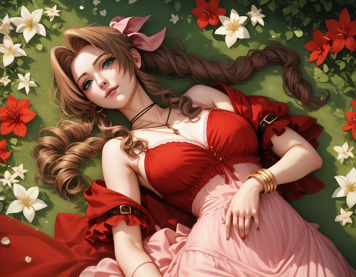 (best quality), (very aesthetic), (ultra-detailed), (best illustration),nsfw,Aerith in a red dress lying on Ned&#39;s back in a surprised pose,Weakness,(head tilt),(Ahegao),(sad smile),Inner thighs,Wide eyes open,(tears),stick tongue out,steam,spoken heart,steam,trembling,in heat,drunken eyes,pussy juice,Great climax,Peeing,Nipple vibrator,Anal beads,crazy eyes,from below