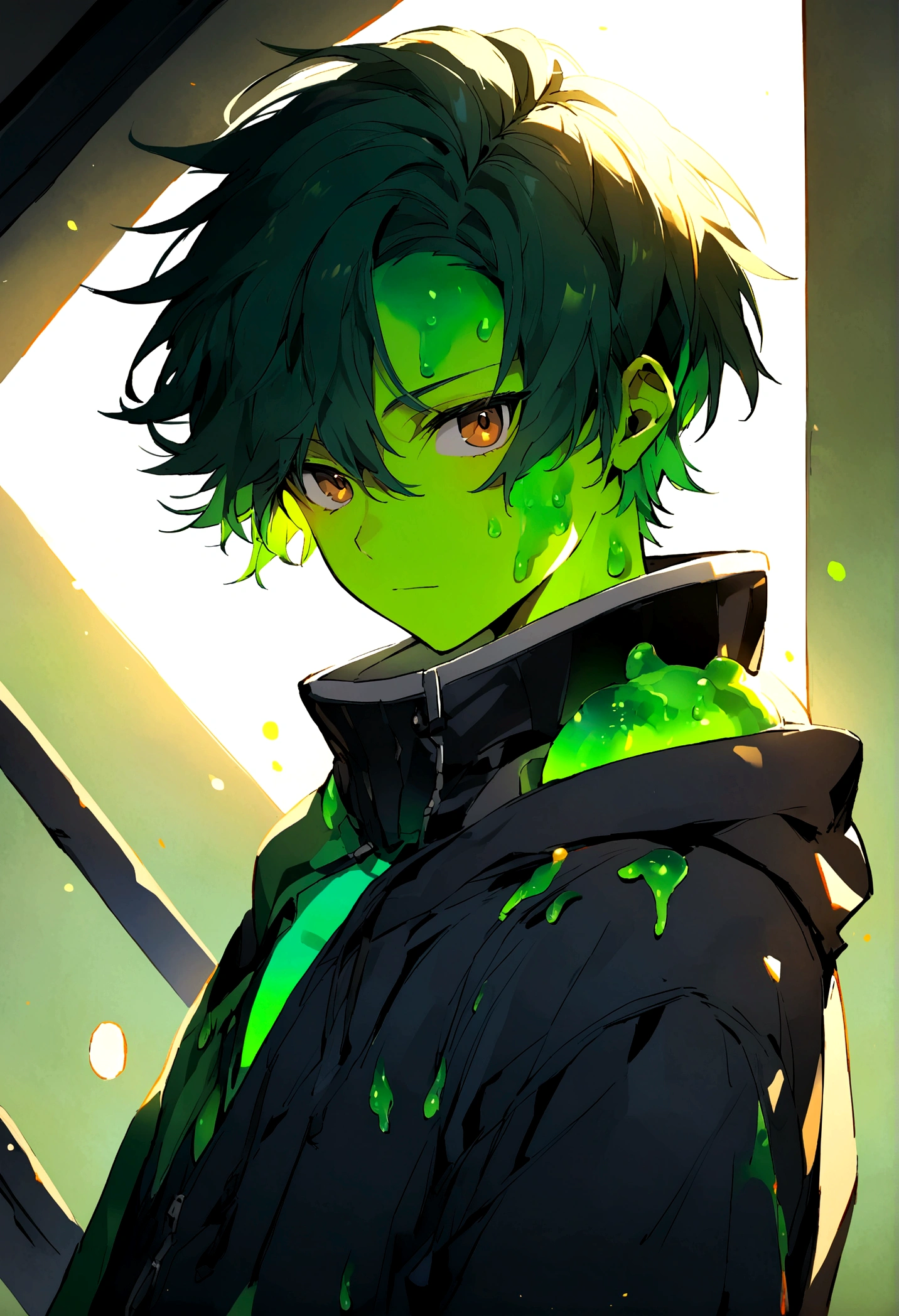 A 17 year old male teenager with a green jelly skin, brown eyes and a blue, green hair.