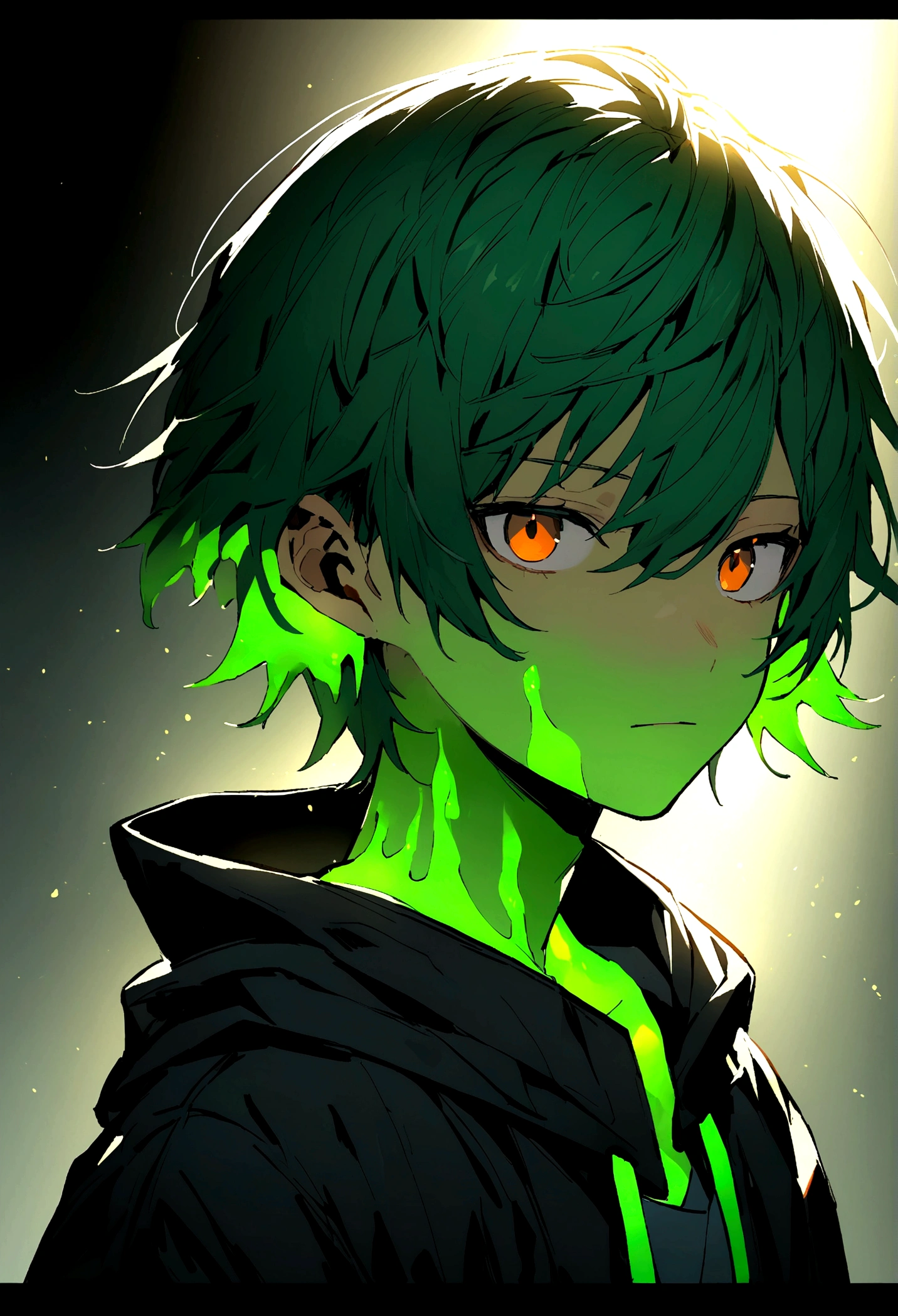 A 17 year old male teenager with a green jelly skin, brown eyes and a blue, green hair