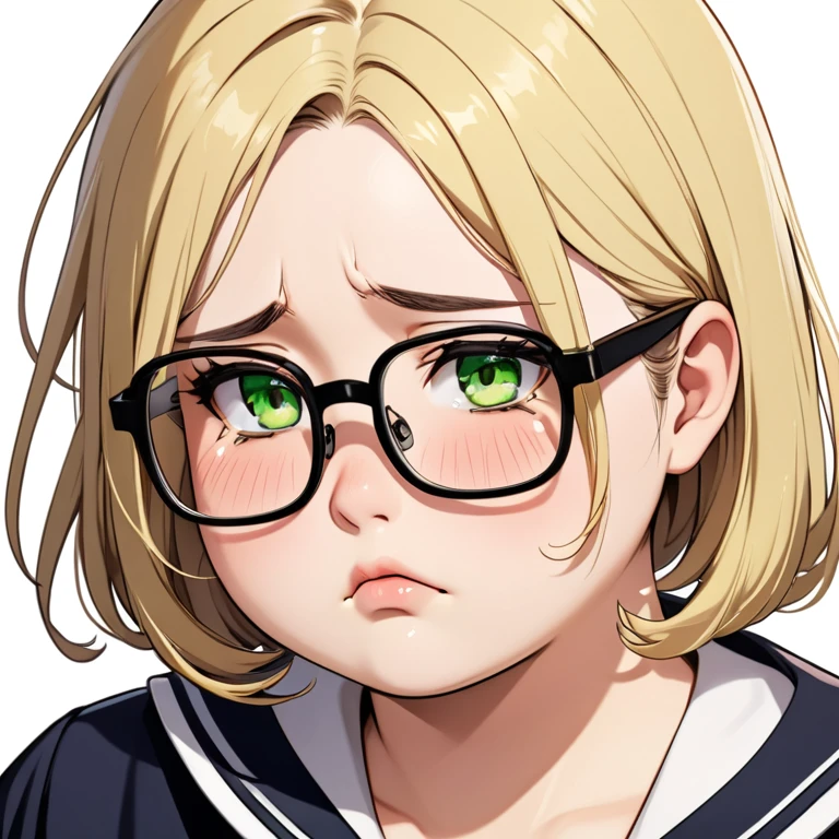 chubby girl,  adult, blond, Medium length hair, open forehead, without bangs, greeneyes, black square-rim glasses, tears, sad face, sailor 