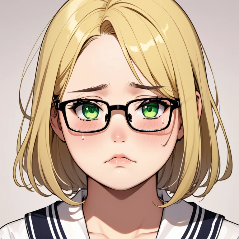 chubby girl,  adult, blond, Medium length hair, open forehead, without bangs, greeneyes, black square-rim glasses, tears, sad face, sailor 