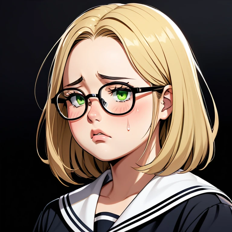 chubby girl,  adult, blond, Medium length hair, open forehead, without bangs, greeneyes, black square-rim glasses, tears, sad face, sailor 