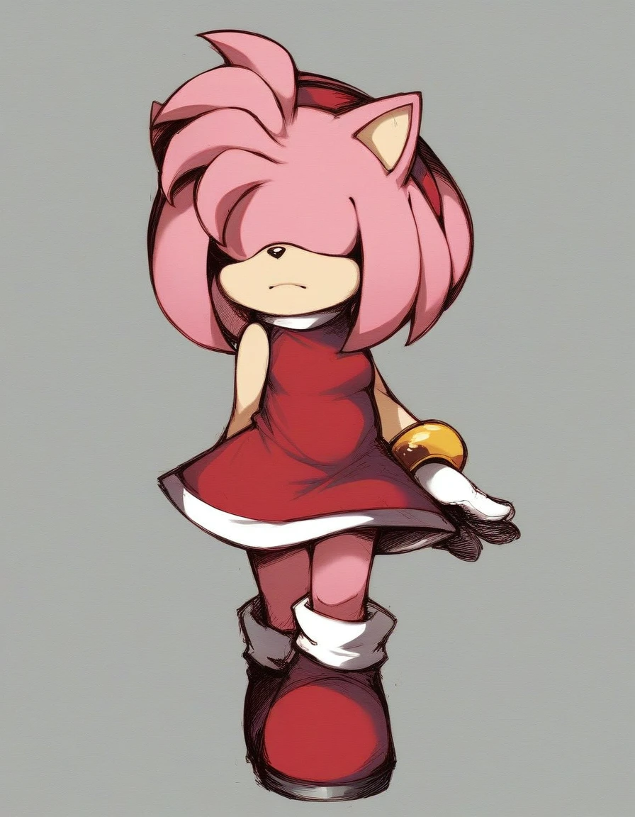 amy_alt, 1girl, solo, short hair, simple background, gloves, dress, animal ears, bare shoulders, closed mouth, standing, full body, pink hair, sidelocks, hairband, small breasts, sleeveless, shiny, white gloves, hand up, bracelet, sketch, sleeveless dress, short dress, red dress, black background, shaded face, furry, arm at side, furry female, red hairband, hair over eyes, body fur, straight-on, animal nose, two-tone fur, pink fur, no mouth, amy_rose
