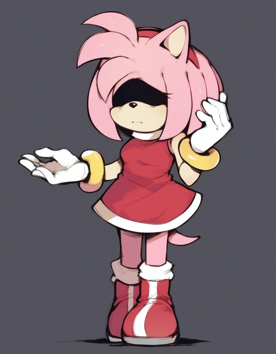 amy_alt, 1girl, solo, short hair, simple background, gloves, dress, animal ears, bare shoulders, closed mouth, standing, full body, pink hair, sidelocks, hairband, small breasts, sleeveless, shiny, white gloves, hand up, bracelet, sketch, sleeveless dress, short dress, red dress, black background, shaded face, furry, arm at side, furry female, red hairband, hair over eyes, body fur, straight-on, animal nose, two-tone fur, pink fur, no mouth, amy_rose