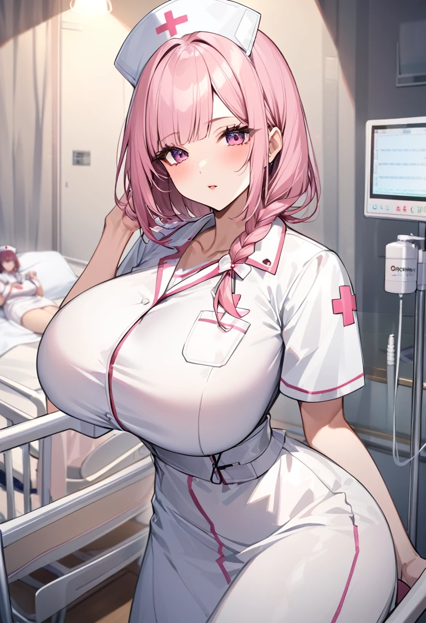 Highest quality、One woman、Bobcut、Bob Hair、side braid、Female, 34 years old、Married Woman、milf、Huge breasts:1.3、sagging breast:1.3、nurse、nurse、白色のnurse服、hospital、Hospital room、Late Night、The room is divided by curtainilking、Pink Hair、Active