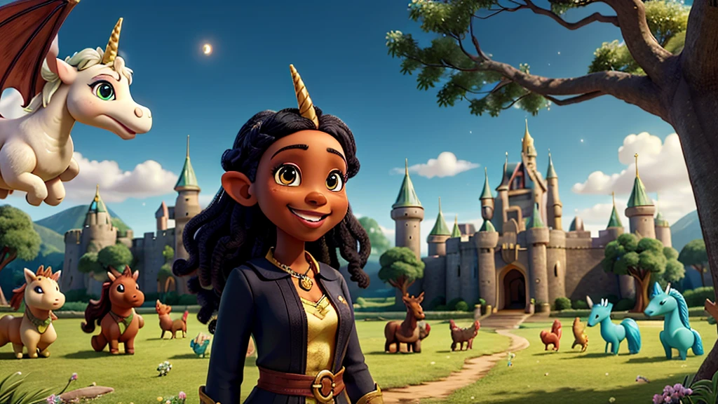 An image of a happy black woman, who lives in an Enchanted Valley, in the image she is surrounded by 6 magical creatures, 1 battle, 1 unicorn, 1 elf, 1 dragon, and 2 friends. in the background a large and majestic tree, a kingdom with a castle made of shining crystal