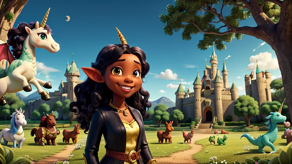 An image of a happy black woman, who lives in an Enchanted Valley, in the image she is surrounded by 6 magical creatures, 1 battle, 1 unicorn, 1 elf, 1 dragon, and 2 friends. in the background a large and majestic tree, a kingdom with a castle made of shining crystal