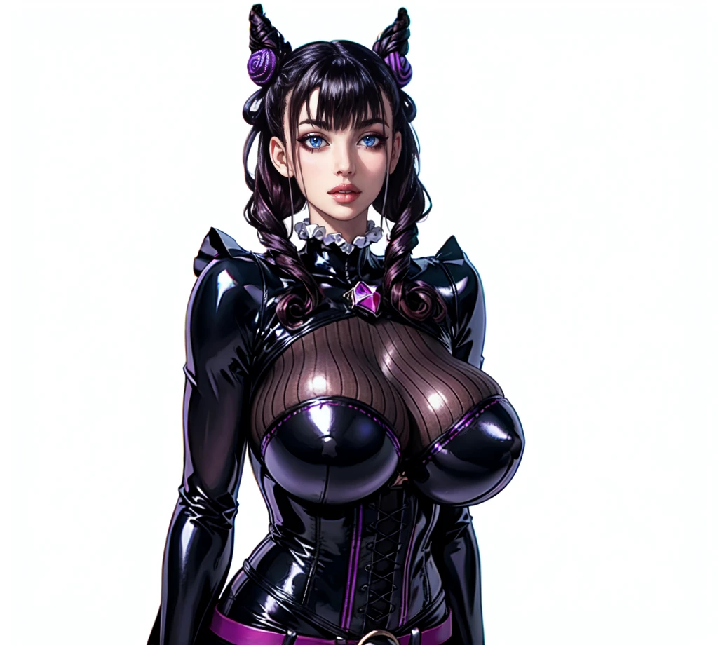 1girl,murasakishikibu, murasaki shikibu, brown hair, (purple eyes:1.1), long hair, big breast,black latex corset, black latex bodysuit,long latex sleeves, blakc latex trousers, purple belt, puffy sleeves, purple gemstone, sleeves past wrists, cone hair bun, double bun, hair bun, hair ornament, long hair, two side up,BREAK (masterpiece:1.2),(beautiful detailed eyes:1.6), black longboots, (perfect hands, perfect anatomy), standing