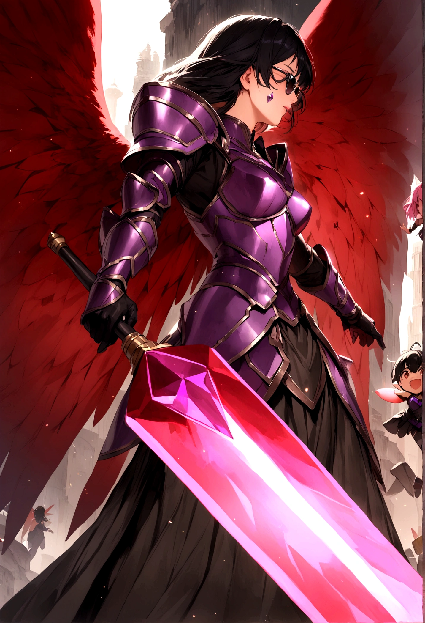 A giant heroic princess with short pink hair and purple diamonds on her cheeks, wearing purple armor and holding a giant diamond sword, accompanied by a small male fairy with short black hair, crimson red wings, dark gray clothing, and shades, having an epic adventure