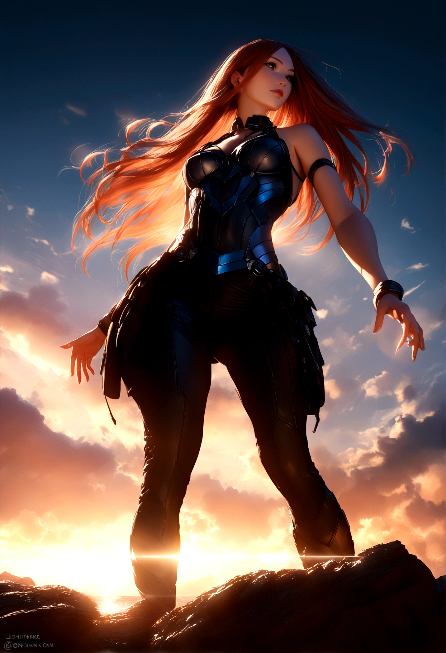 a woman inspired by Karen Gillan, antrum, lightwave, sun sunset, blue skies, intricate, highly detailed, cinematic lighting, dramatic composition, volumetric lighting, photorealistic, 8k, best quality, masterpiece