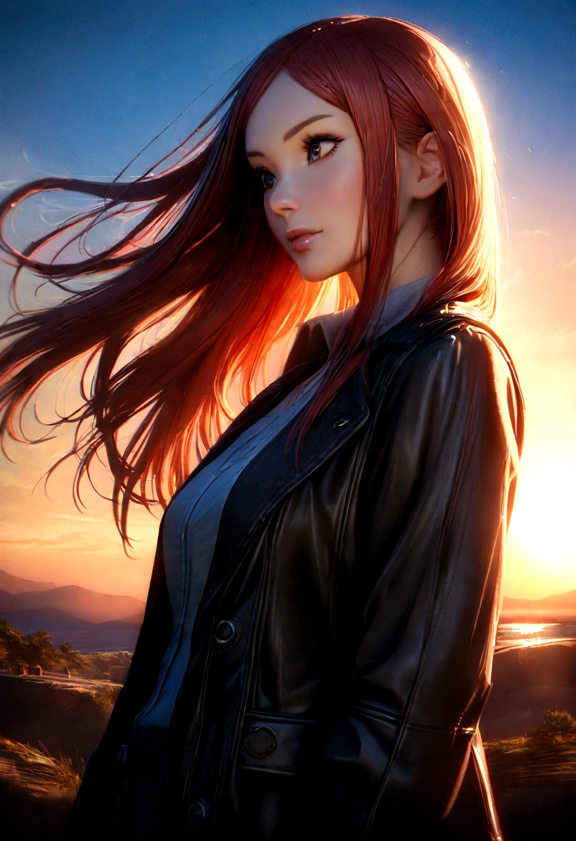 a woman inspired by Karen Gillan, antrum, lightwave, sun sunset, blue skies, intricate, highly detailed, cinematic lighting, dramatic composition, volumetric lighting, photorealistic, 8k, best quality, masterpiece