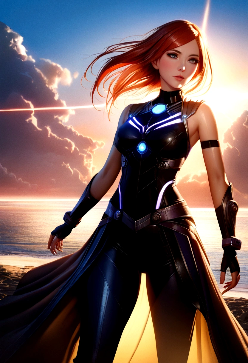 a woman inspired by Karen Gillan, antrum, lightwave, sun sunset, blue skies, intricate, highly detailed, cinematic lighting, dramatic composition, volumetric lighting, photorealistic, 8k, best quality, masterpiece