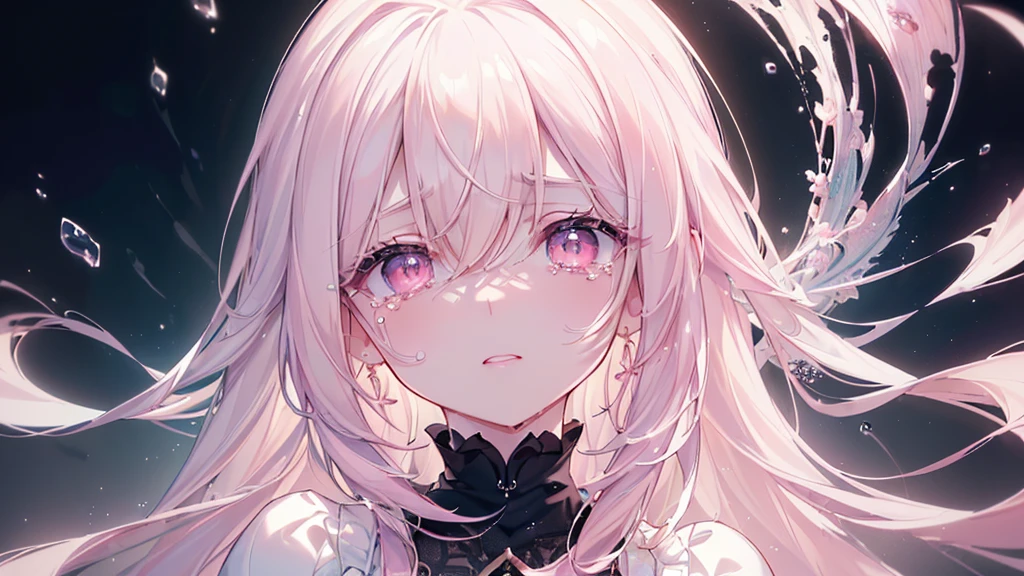 (darkness), ((Beautiful eyes)), (((tears))), (((Highest quality、masterpiece、Ultra-fine、Ultra-fine、Exquisite、16K、Full HD,))) 、Long eyelashes、White skin、(thin and long)、 ((cute)) ((One person)),Zoom out,(epic proportion)、(Pale pink lips、Pale pink cheeks、thin and long)、Dynamic lighting,