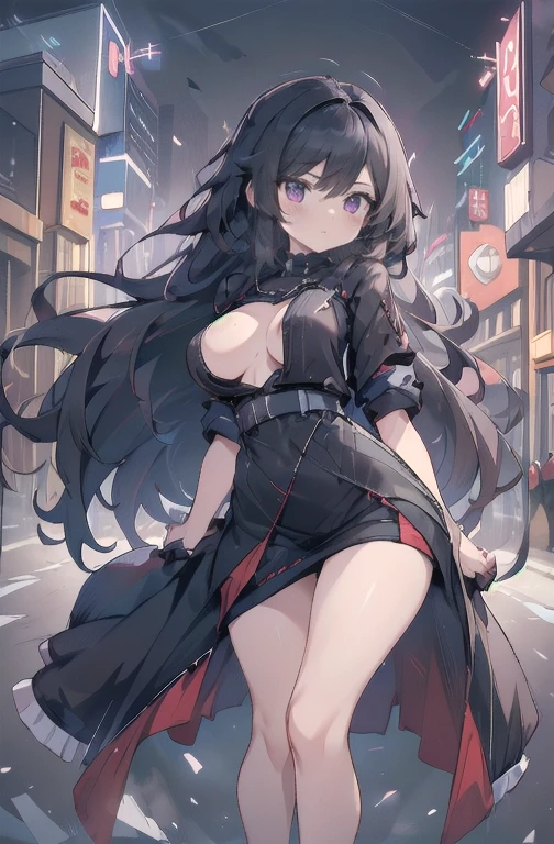 bonitas, standing alone, 1womanl, long hair, Bblack hair, blue highlights at the ends of the hair, purples eyes, black jersey, red robe, futurist, ciberpunk standing alone, cinematic angle, cinematic lighting, work of art, best qualityer , nsfw、on his knees, rub groin