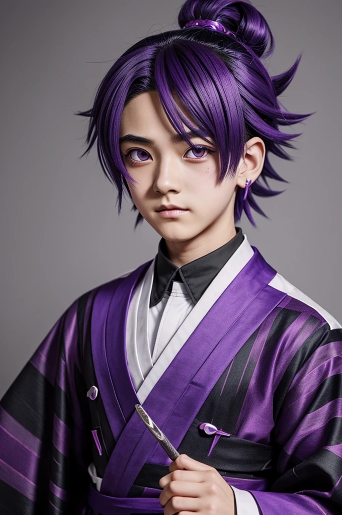 Create a kimetsu or Demon Slayer character who has purple hair and is a 15-year-old boy in anime
