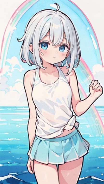 Enjoying the morning sun on the beach、(water colour,tegaki:1.4),(soft pastel colors:1.3),(Platinum hair:1.3),( blue colored eyes:1.1),break,,(pastel white rainbow color palette:1.3),(pastel rainbow tank top:1.4),(mini-skirt:1.3),(musical score:1.1)、kawaii、rough touch、detailed expression、(teenagers、gorgeous eyes、blue colored eyes、gray hair、curly hair、苗条、breasts small、 flegs、inner thighs、beautiful fur、perfect fingertips、8 heads、look away、during、lolicon)、hypdertailed