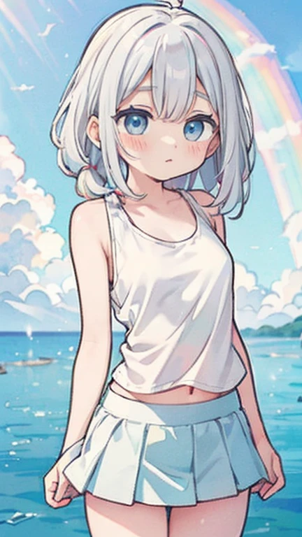 Enjoying the morning sun on the beach、(water colour,tegaki:1.4),(soft pastel colors:1.3),(Platinum hair:1.3),( blue colored eyes:1.1),break,,(pastel white rainbow color palette:1.3),(pastel rainbow tank top:1.4),(mini-skirt:1.3),(musical score:1.1)、kawaii、rough touch、detailed expression、(teenagers、gorgeous eyes、blue colored eyes、gray hair、curly hair、苗条、breasts small、 flegs、inner thighs、beautiful fur、perfect fingertips、8 heads、look away、during、lolicon)、hypdertailed