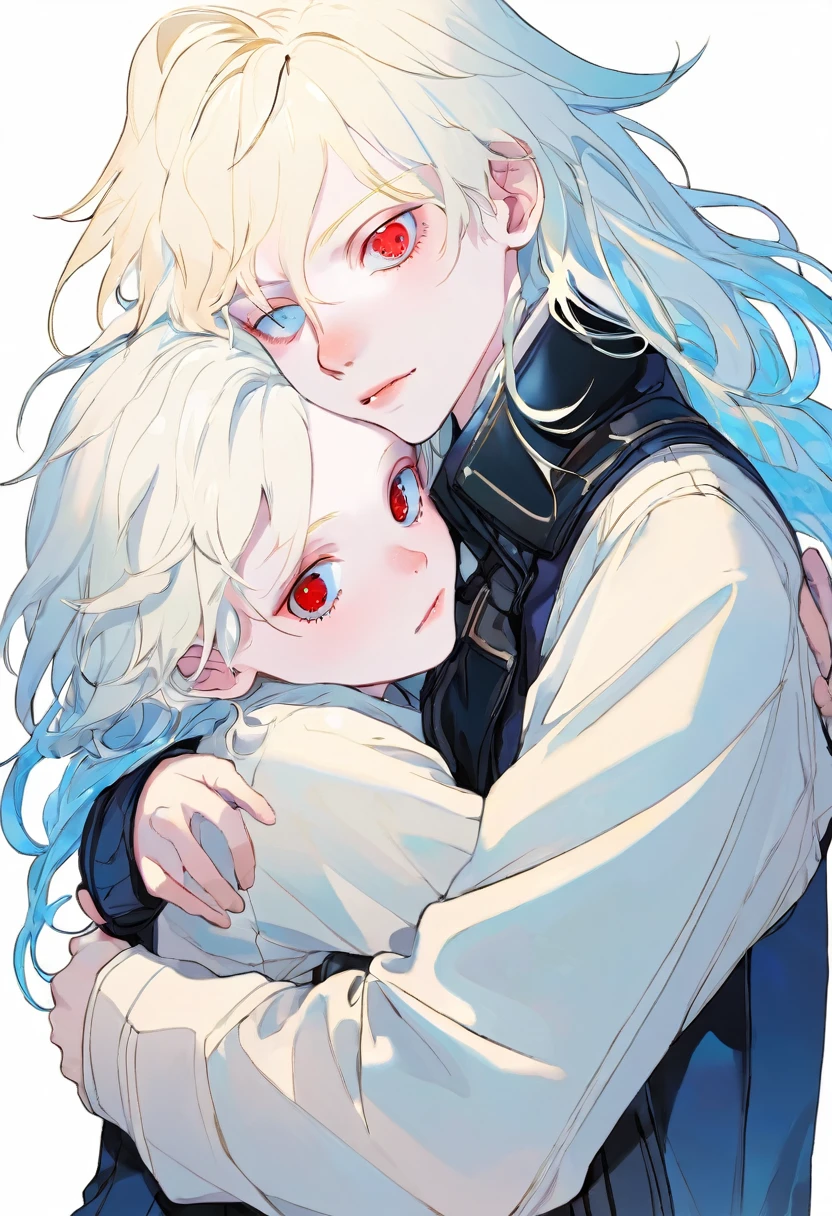 Two boys hugging, One is albino, Red eyes, long wavy hair, eltant facial features. The is black-haired, shaped body, marked jaw, very pale skin and electric blue eyes.