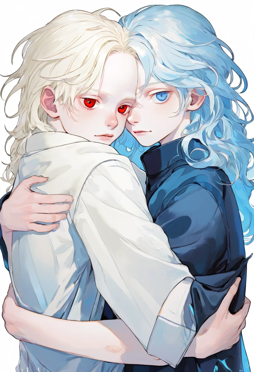 Two boys hugging, One is albino, Red eyes, long wavy hair, eltant facial features. The boy is black-haired, shaped body, marked jaw, very pale skin and electric blue eyes.