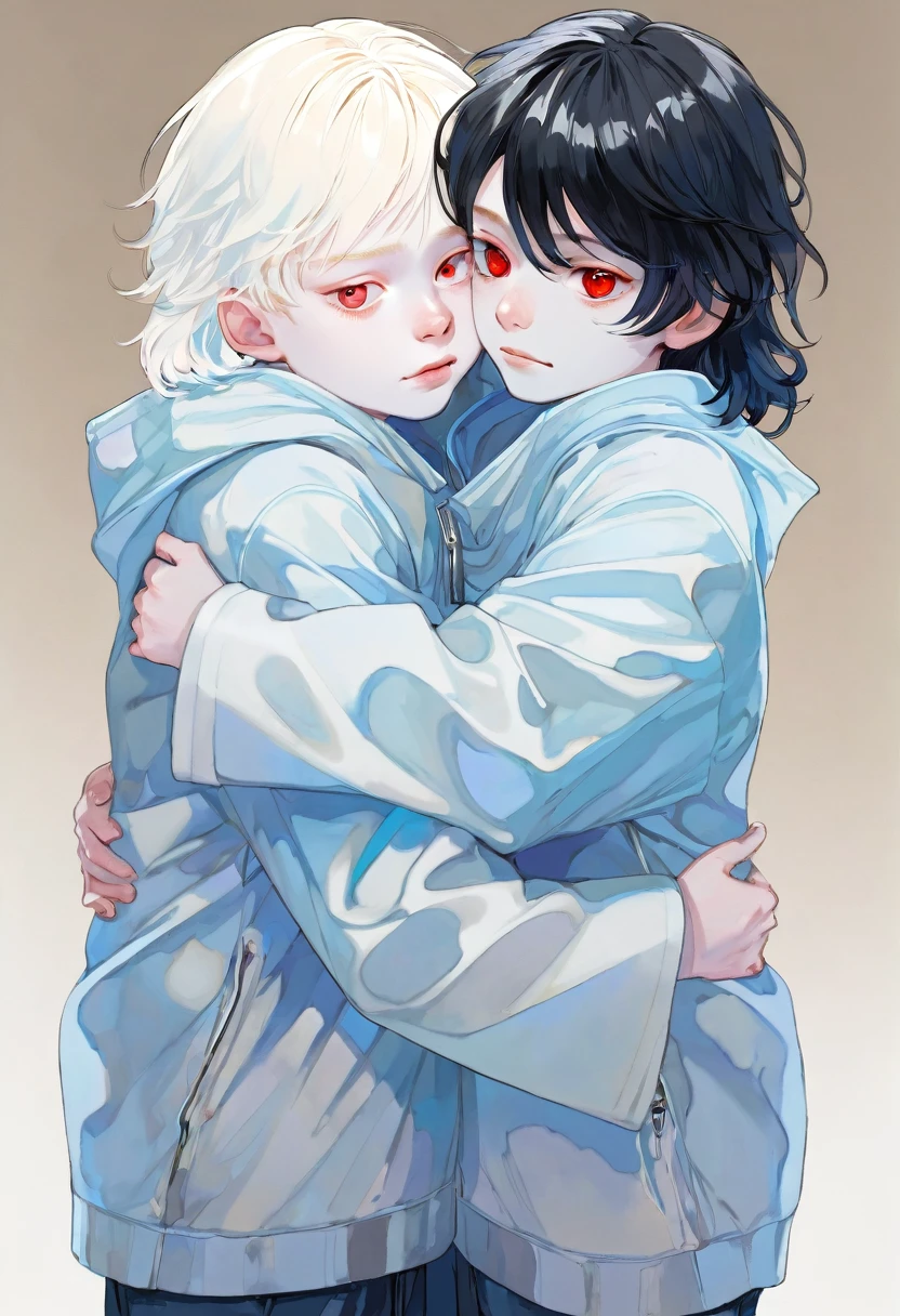 Two boys hugging, One is albino, Red eyes, long wavy hair, eltant facial features. The little boy is black-haired, shaped body, marked jaw, very pale skin and electric blue eyes.