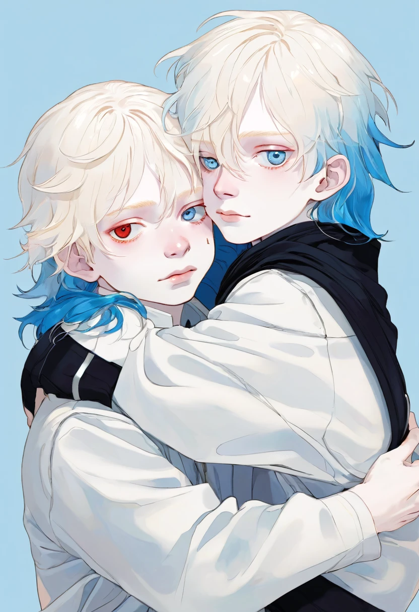 Two boys hugging, One is albino, Red eyes, long wavy hair, eltant facial features. The little boy is black-haired, shaped body, marked jaw, very pale skin and electric blue eyes.