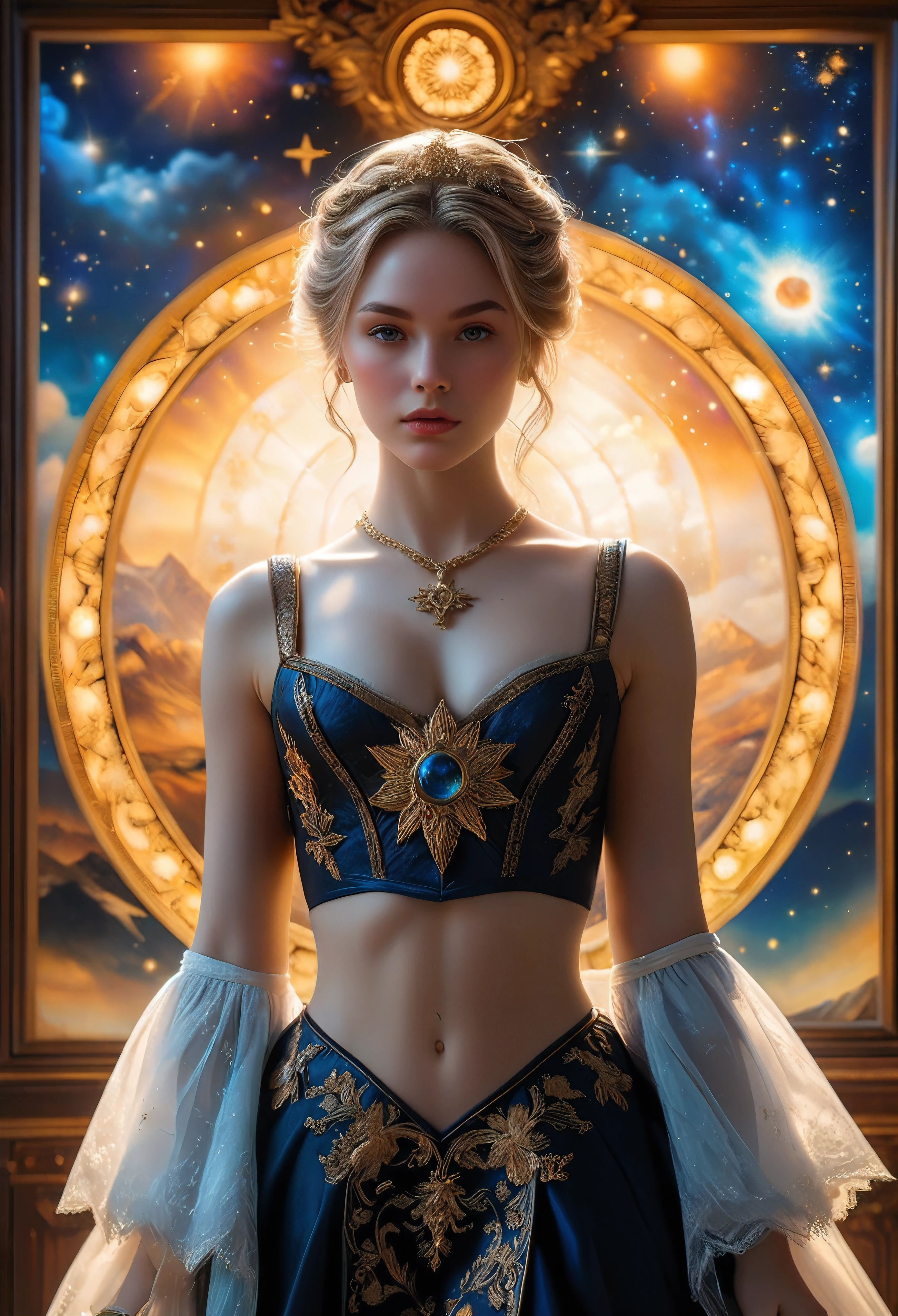 a pretty blonde astrologer charting a sky in her study room, large star map, cabinet of books, fantasy atmosphere, dramatic lighting, intricate details, cinematic composition, vibrant colors, ethereal, mystical, cosmic, astrology, renaissance style, oil painting, masterpiece, best quality, 16k, hyperrealistic, ultra-detailed | (visual experience),(Realism), (Realistic),award-winning graphics, dark shot, film grain, extremely detailed, Digital Art, rtx, Unreal Engine, scene concept anti glare effect, All captured with sharp focus. | Rendered in ultra-high definition with UHD and retina quality, this masterpiece ensures anatomical correctness and textured skin with super detail. With a focus on high quality and accuracy, this award-winning portrayal captures every nuance in stunning 16k resolution, immersing viewers in its lifelike depiction. | ((anatomical correctness))), (((perfect_fingers))), (((perfect_legs))), (((perfect_hands))), ((perfect_composition, perfect_design, perfect_layout, perfect_detail, ultra_detailed)), ((enhance_all, fix_everything)), More Detail, Enhance.