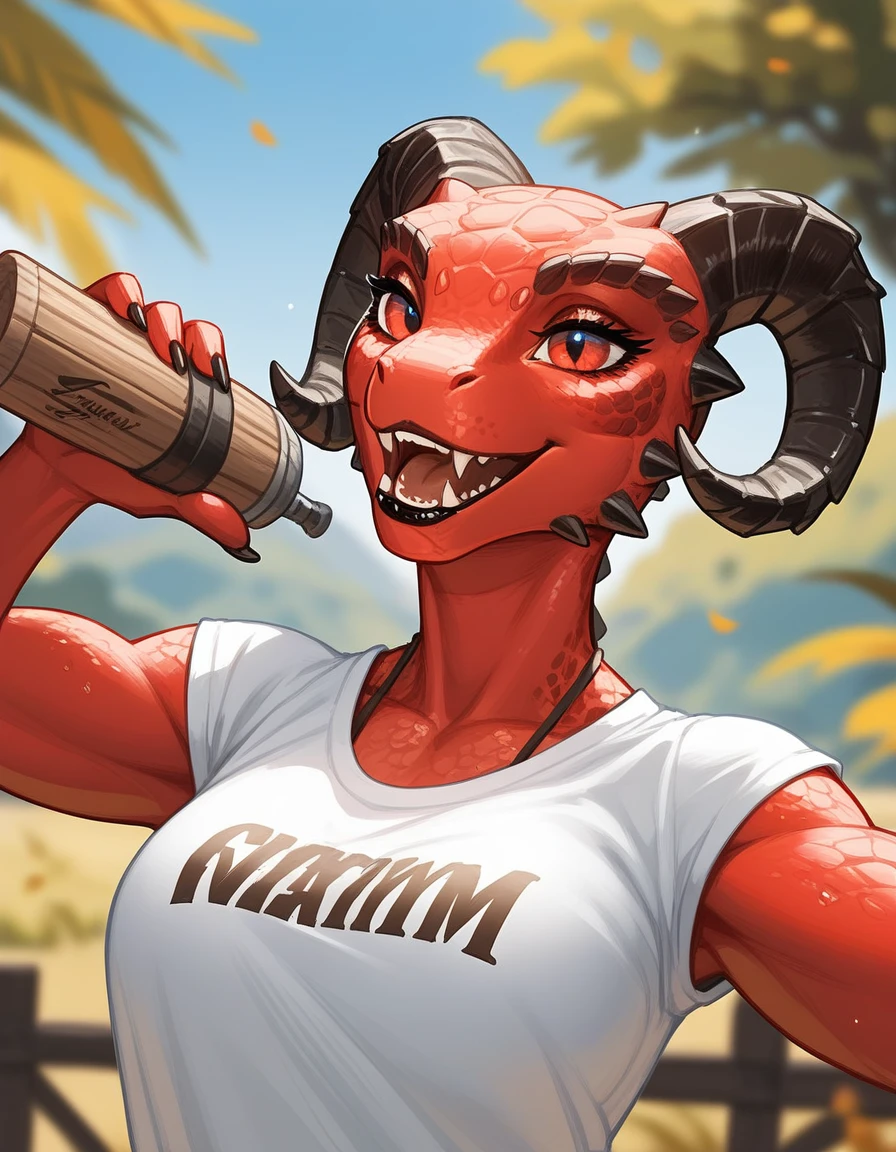 Solo, score_9,score_8_up,score_7_up, anthro Argonian female from skyrim, Anthro reptile girl, snout, red scaled skin, red eyes, black lips, black horns, black ram horns, athletic body, wearing brown laced peasants shirt, she is holding something off screen, arms reached out, smiling, laughing