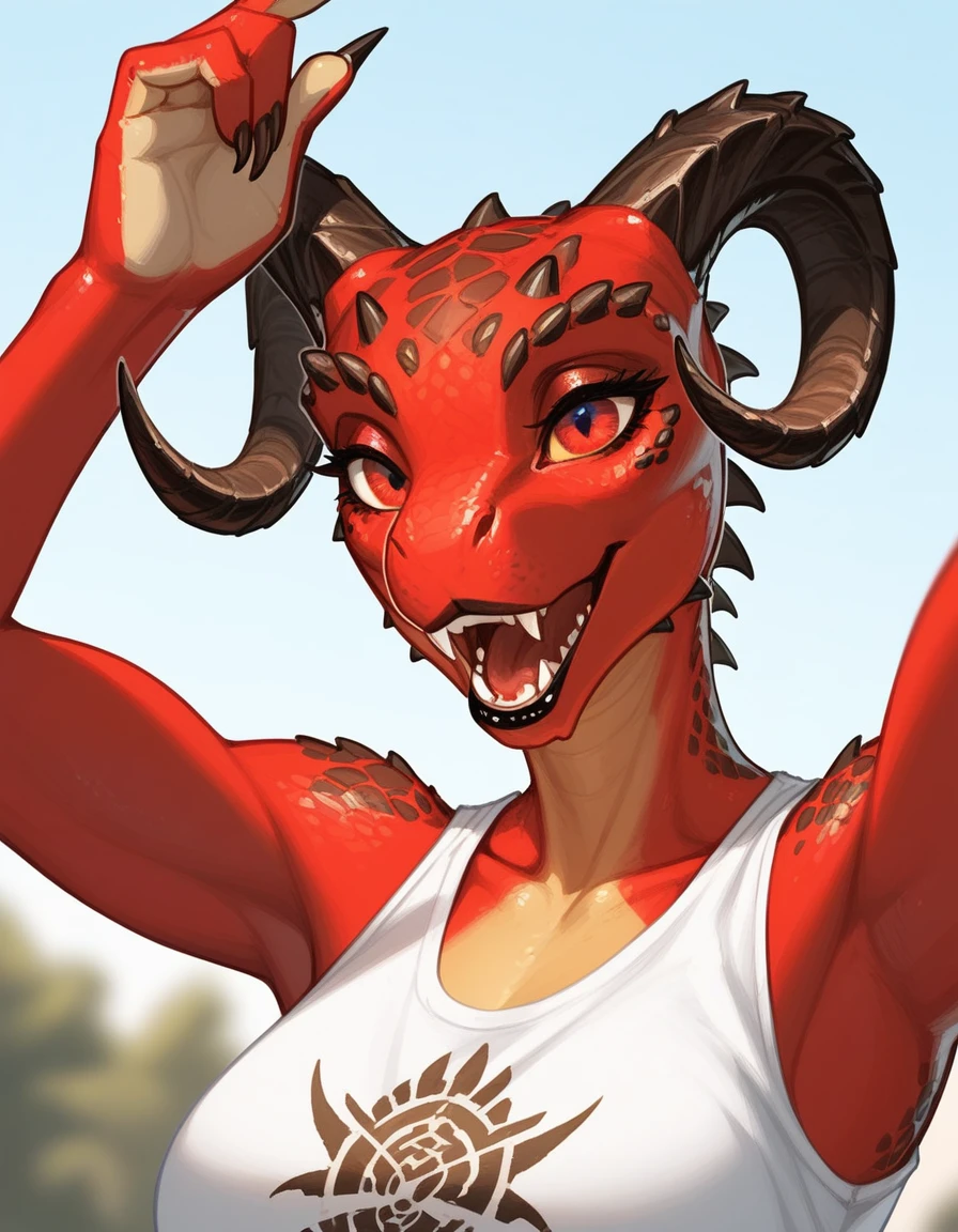 , score_9,score_8_up,score_7_up, anthro Argonian female from skyrim, Anthro reptile girl, snout, all red skin, red eyes, black lips, black horns,  black ram horns, black lips, pov, pov cunnilingus, pov she is licking viewers vagina, human female viewer, simple background 