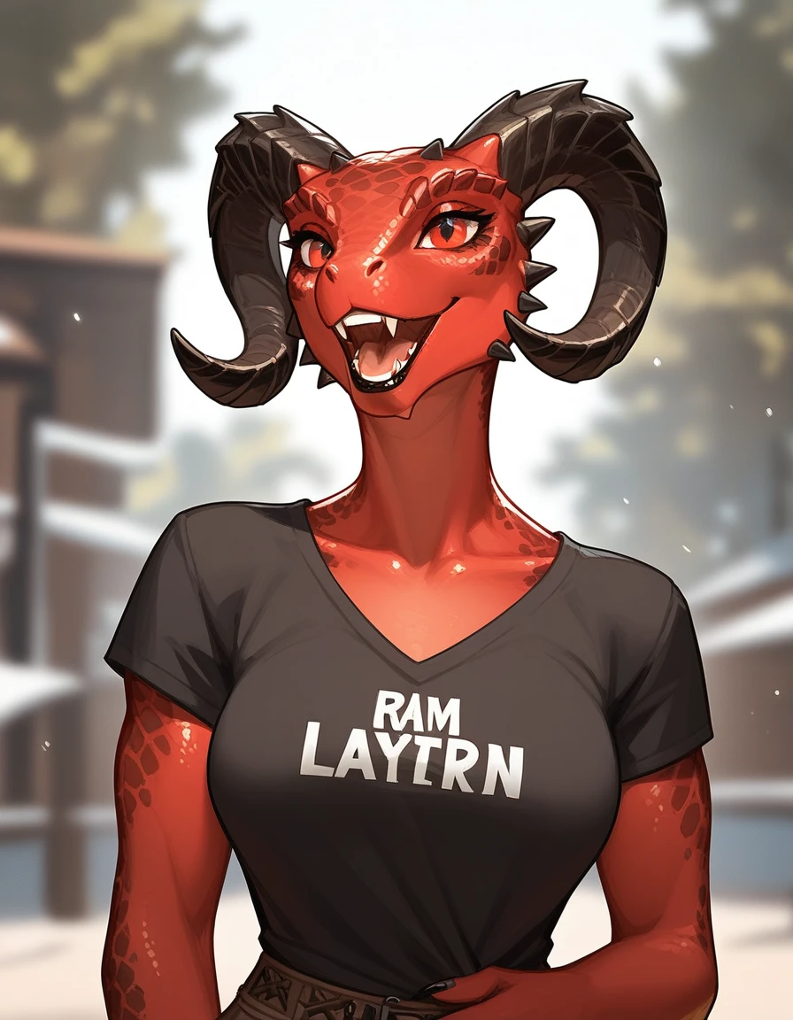 Solo, score_9,score_8_up,score_7_up, anthro Argonian female from skyrim, Anthro reptile girl, snout, red scaled skin, red eyes, black lips, black horns, black ram horns, athletic body, wearing brown laced peasants shirt, she is holding something off screen, arms reached out, smiling, laughing